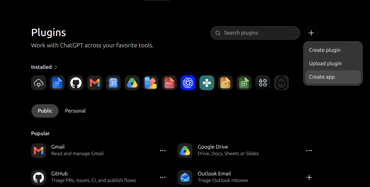 Menu Plugins et action Create app