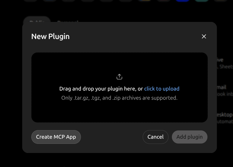 Fenêtre New Plugin avec le bouton Create MCP App