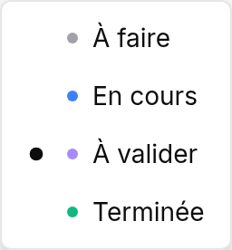 Menu des statuts d’une tâche avec À valider sélectionné