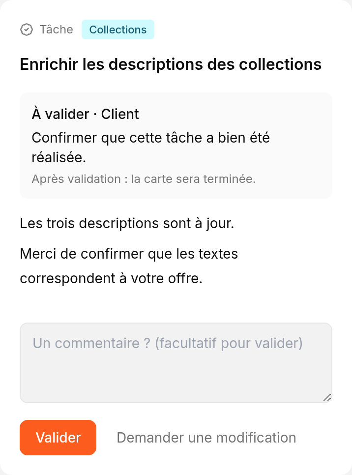 Carte partagée avec les actions Valider et Demander des modifications