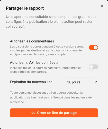Fenêtre de partage du rapport : activer les commentaires et choisir la durée du lien