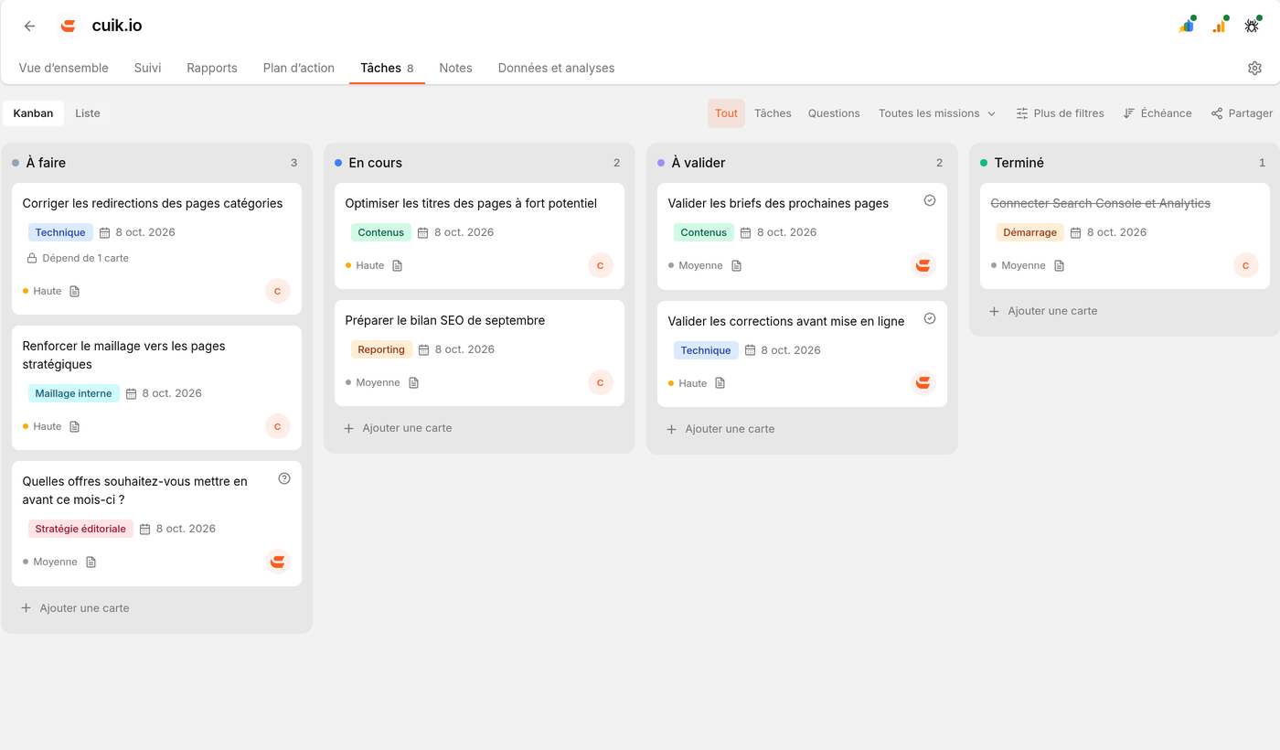 Tableau des tâches Cuik : actions à faire, en cours, à valider et terminées