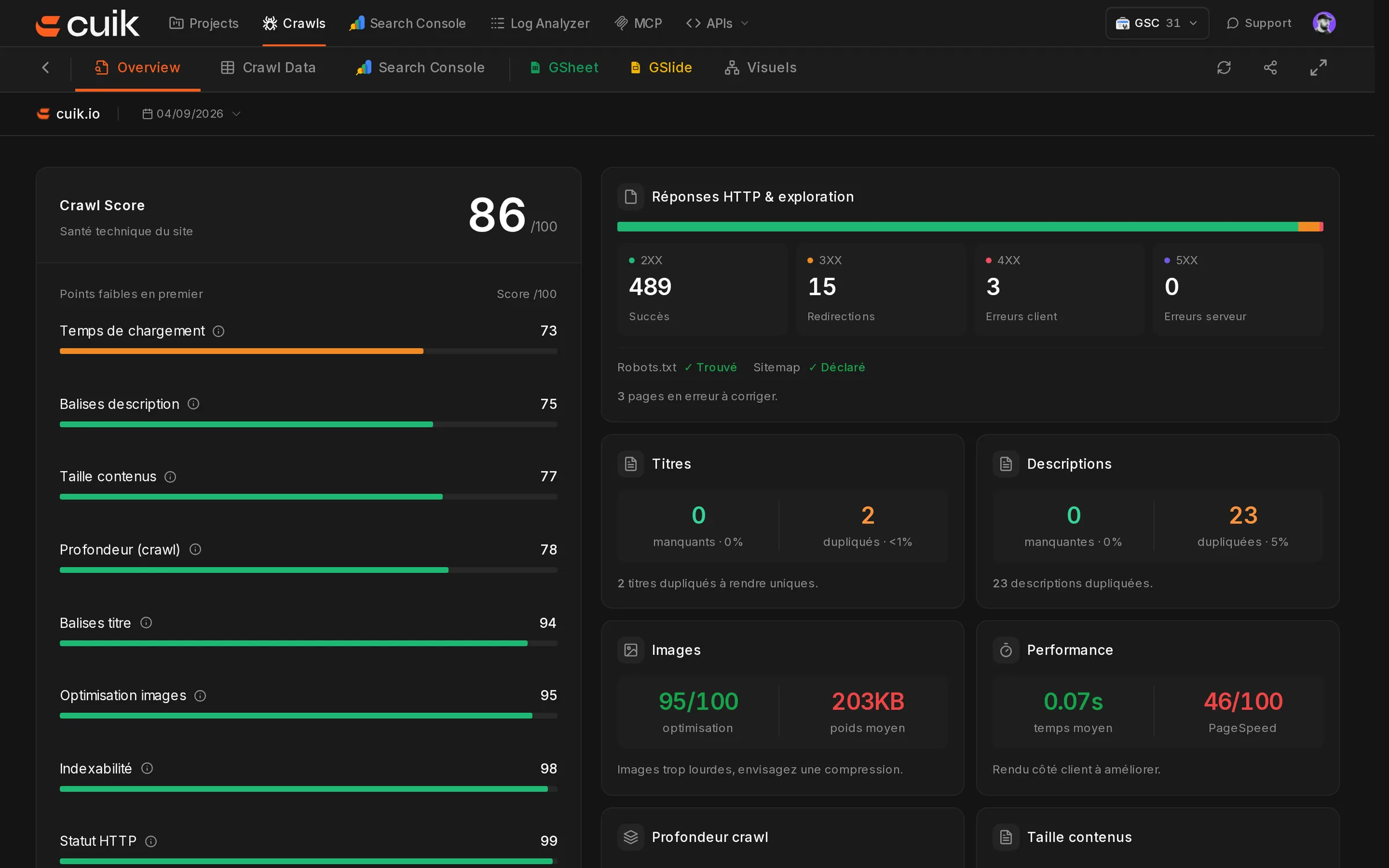 Synthèse d’un crawl de cuik.io dans Cuik : Cuik Score 86 et réponses HTTP