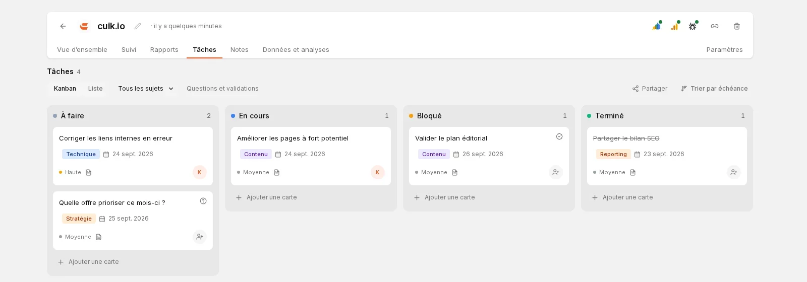 Kanban des tâches d’un projet dans Cuik, avec des cartes d’exemple